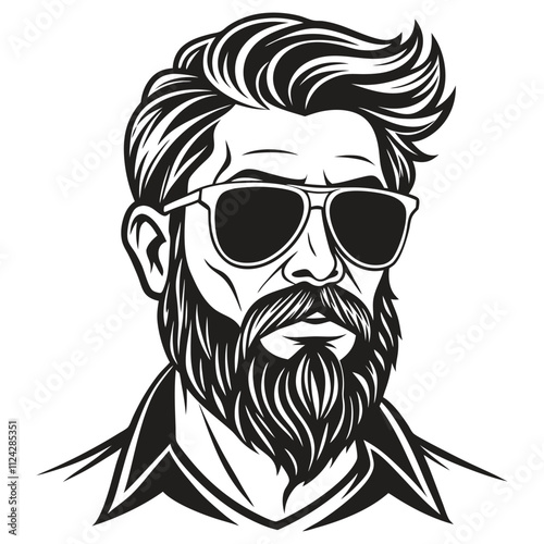 A monochrome vector illustration of a bearded man wearing sunglasses with a stylish mustache