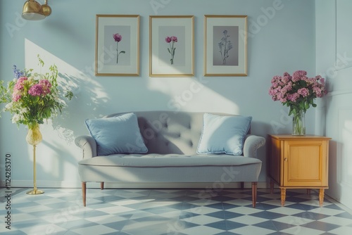 Sky blue cushion on a grey sofa in a well lit living room with a checkered floor a vase of fresh flowers on a cabinet two wall posters and a gold lamp photo