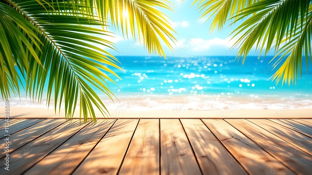 Summer Table And Sea With Blurred Leaves Palm And Defocused Bokeh Light On Ocean - Wooden Plank In Abstract Landscape