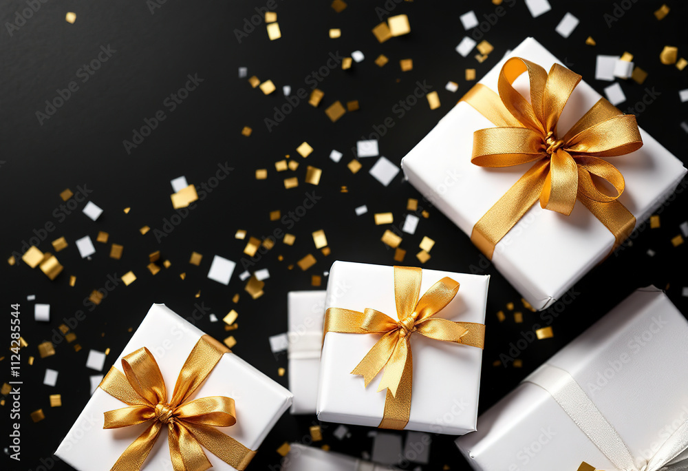 White gift boxes with golden ribbons and confetti, 50% discount text on black background White gift boxes with golden ribbons and confetti, 50% discount text on black background