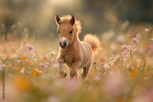 Small Shetland pony colt darting through a flowery meadow photo