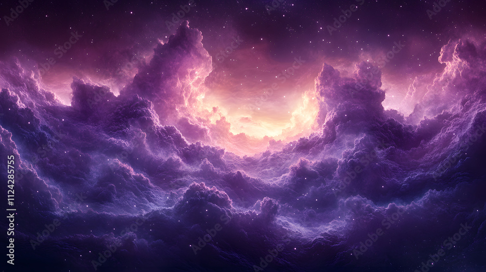 serene cloudscape under a twilight sky with vibrant purple hues and radiant light breaking through. Ideal for themes of dreams, imagination, and tranquility.