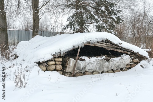 Snowy spruce trees backdrop an old potato cellar with a snow covered roof on a grey winter day Rustic rural storage amidst frost photo