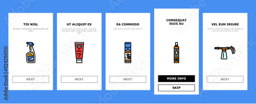 car care detailing wash onboarding mobile vector wax polish, vacuum tires, engine maintenance, cleaning interior, exterior, shine car care detailing wash illustrations