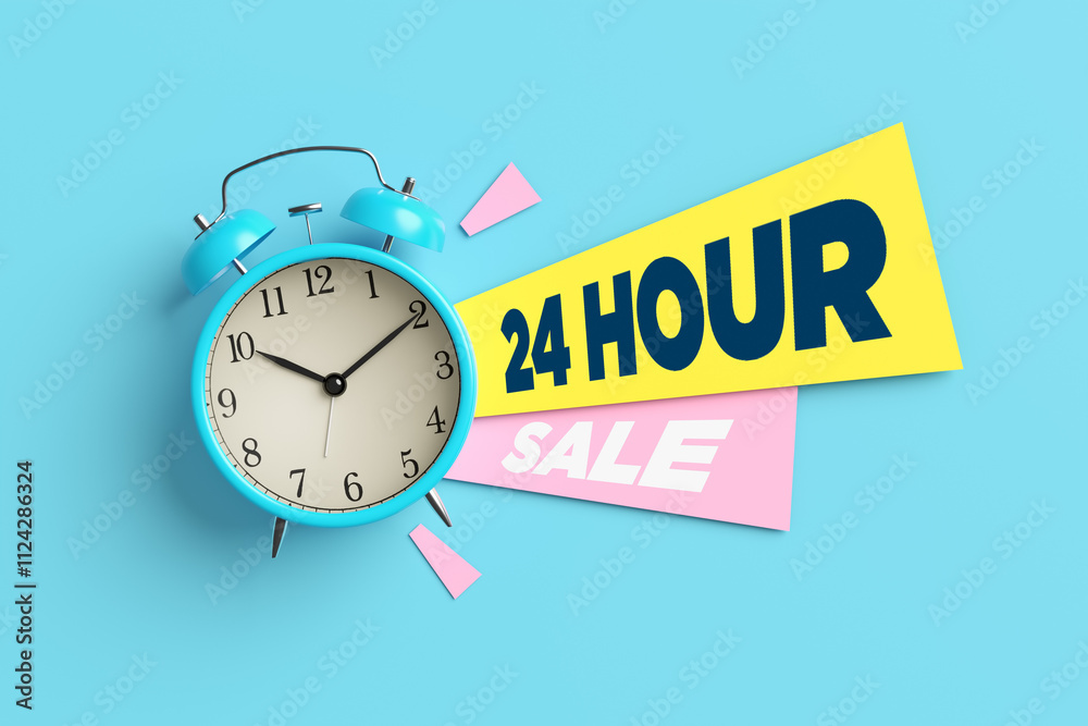 Blue alarm clock announcing a 24 hour sale with a text banner Blue alarm clock announcing a 24 hour sale with a text banner