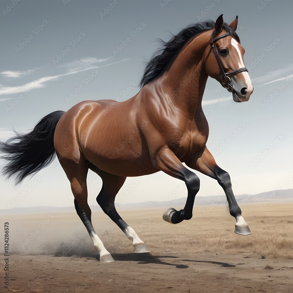 A powerful horse galloping across a vast open landscape. A powerful horse galloping across a vast open landscape.
