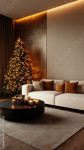 A modern living room with a small, simple Christmas tree