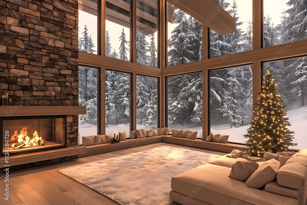 Fototapeta premium Cozy Winter Cabin Interior with Fireplace and Christmas Tree