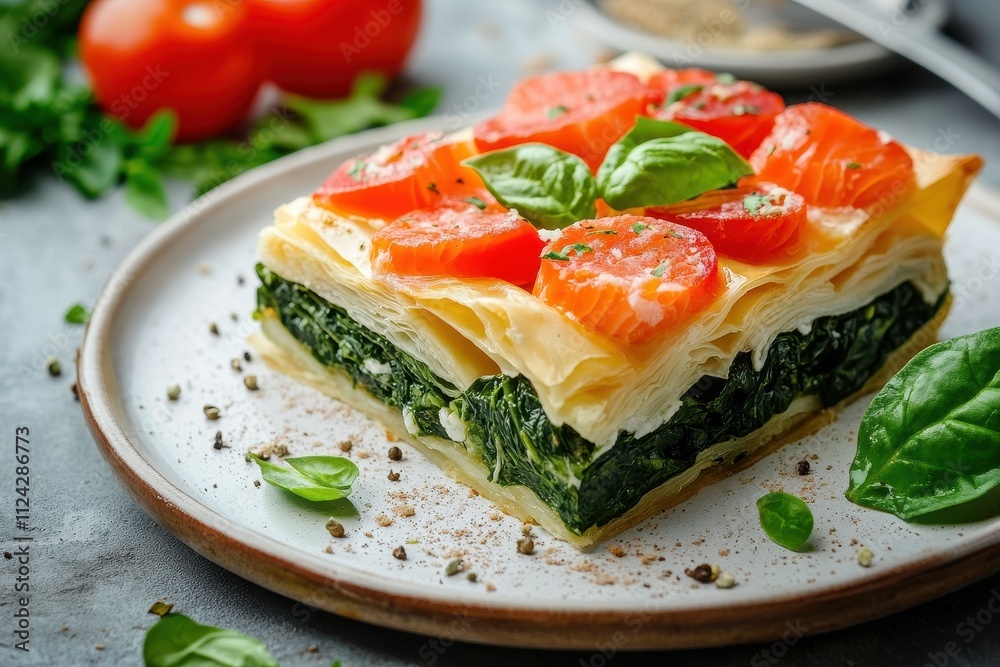 Spinach and salmon in phyllo pastry Greek pie Spinach and salmon in phyllo pastry Greek pie