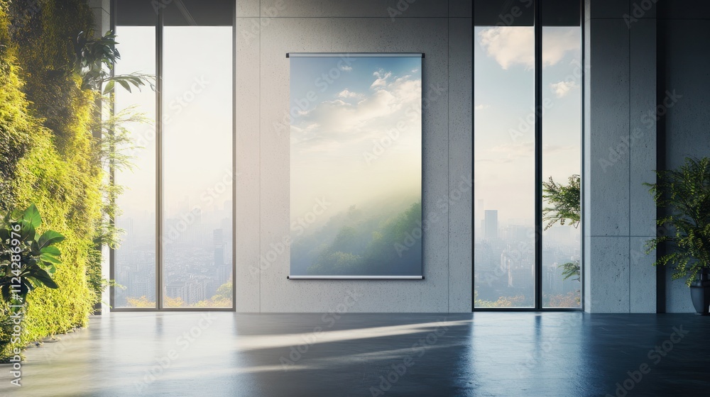 Fototapeta premium Modern interior with landscape art.