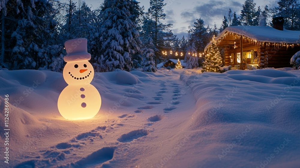 Fototapeta premium A glowing snowman lantern lighting up a snowy path, with soft footprints leading to a festive cabin.