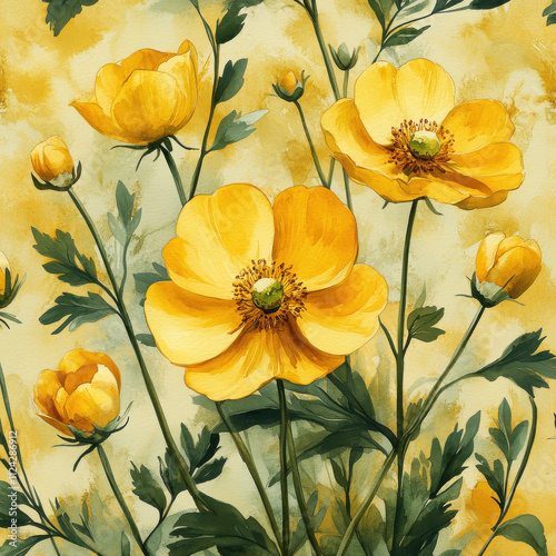 Bright yellow buttercup flowers bloom against soft yellow background, showcasing their delicate petals and vibrant green leaves. This hand painted watercolor pattern exudes warmth and joy