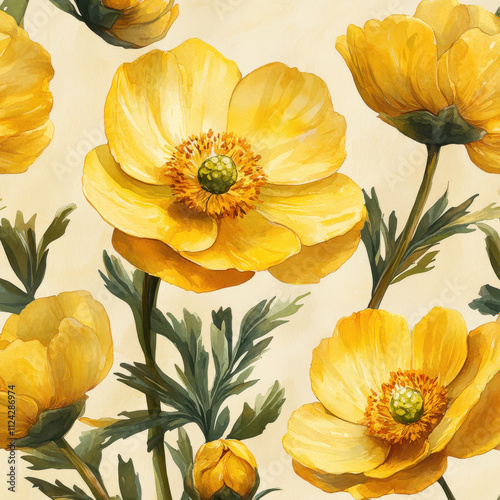 Bright yellow buttercup flowers with green centers and leaves create vibrant, cheerful pattern. This hand painted watercolor design adds touch of nature beauty to any space