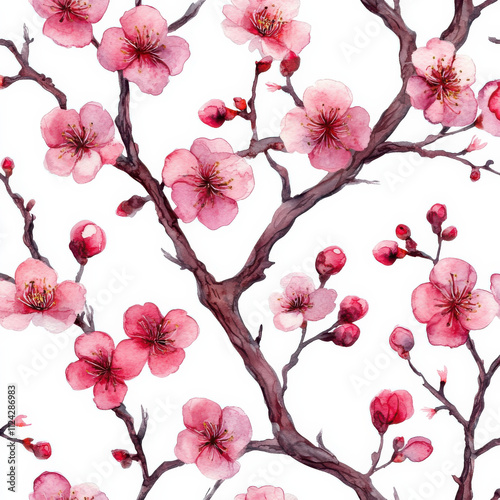 Hand painted cherry blossom seamless pattern with pink flowers and branches. This beautiful design captures essence of spring and nature delicate beauty