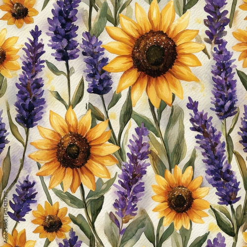 Bright sunflowers and vibrant lavender create beautiful hand painted pattern, perfect for adding touch of nature to any design. This floral artwork evokes sense of warmth and tranquility