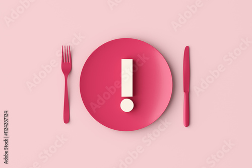 Exclamation mark on a pink plate with fork and knife on pink background