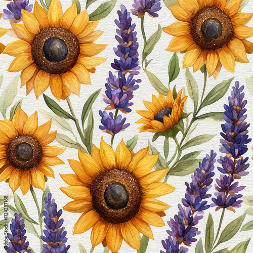 Bright sunflowers and lavender flowers create vibrant, hand painted pattern. This beautiful design showcases natural beauty of these blooms, perfect for various artistic projects