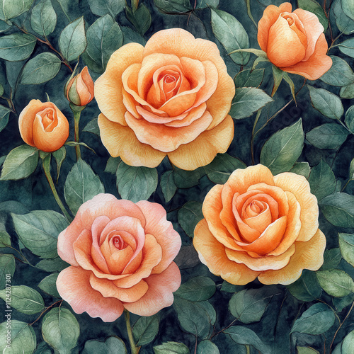 Beautiful watercolor roses shades of orange and peach, surrounded by lush green leaves, create vibrant and elegant floral pattern. This seamless design is perfect for various artistic applications