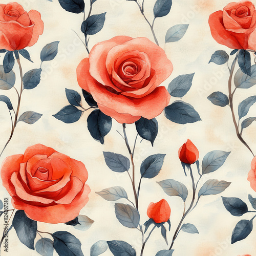 Hand painted watercolor roses in seamless pattern, featuring vibrant red blooms and lush green leaves. This design evokes sense of elegance and beauty