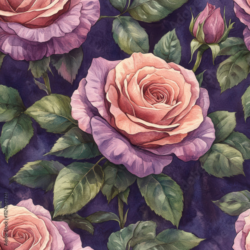 Beautiful watercolor roses in seamless pattern, featuring soft pink and lavender hues against dark background, creating elegant and romantic atmosphere