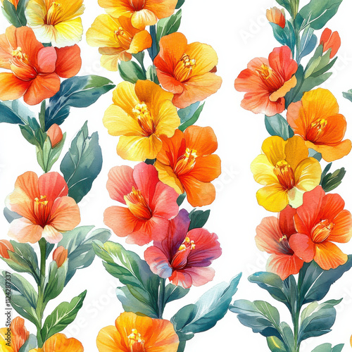 Vibrant floral pattern featuring hand painted snapdragon flowers in shades of orange, yellow, and pink, creating cheerful and lively atmosphere