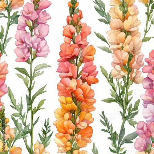 Hand painted watercolor seamless pattern of vibrant snapdragon flowers in various colors, showcasing their beauty and elegance in floral design