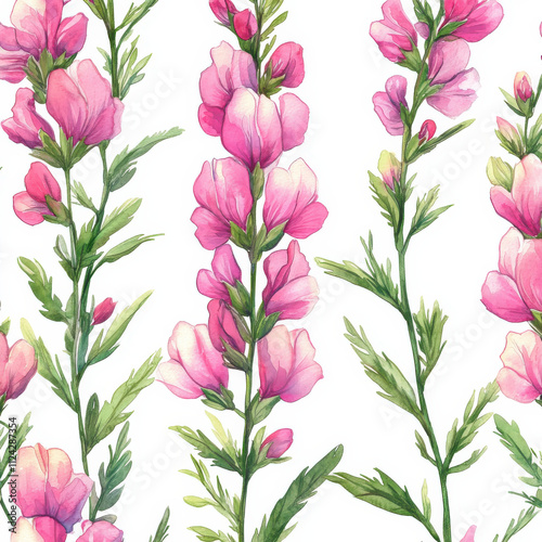Hand painted watercolor seamless pattern featuring pink snapdragon flowers with green leaves on white background, perfect for floral designs and textiles