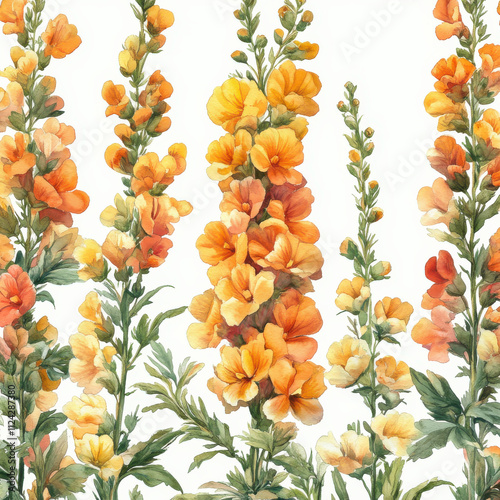 Vibrant snapdragon flowers in shades of orange and yellow create beautiful seamless pattern, showcasing their delicate petals and lush green leaves