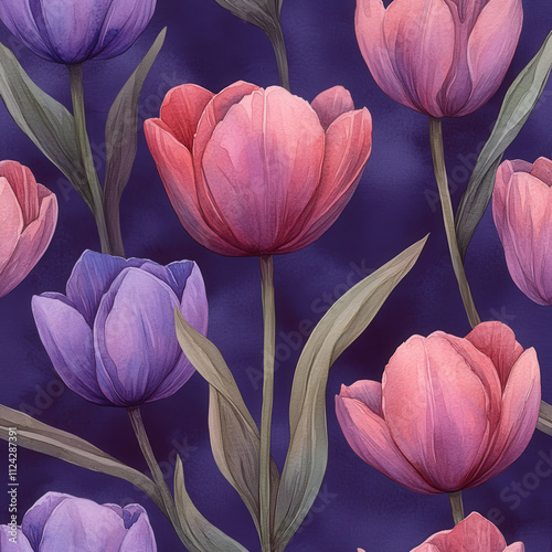Hand painted watercolor tulip seamless pattern in vibrant colors. This floral design features pink and purple tulips against deep purple background, creating beautiful and elegant look