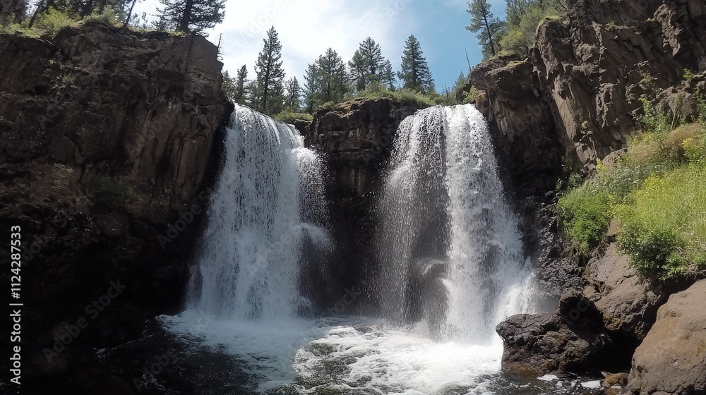 Obraz premium Majestic Twin Falls Cascading Through Rugged Terrain: A Breathtaking Nature Scene in Oregon