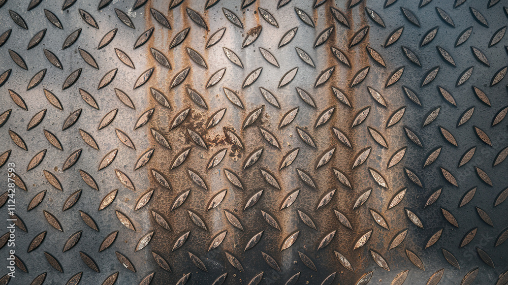 Weathered Metal Plate with Repetitive Diamond Pattern, Rust and Wear Marks, Symmetrical Tilted Diamond Shapes, Brown and Gray Color Palette, Sign of Age and Exposure to Elements Weathered Metal Plate with Repetitive Diamond Pattern, Rust and Wear Marks, Symmetrical Tilted Diamond Shapes, Brown and Gray Color Palette, Sign of Age and Exposure to Elements