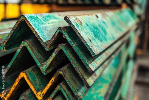 Steel angle iron profiles in packaged bundles at the metal products warehouse arranged on racks with hot dip green finishes photo