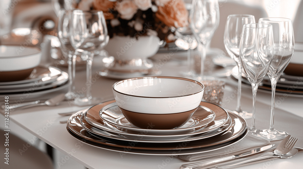 Minimalist table setting for a stylish brunch, with tableware and accents in Mocha mousse