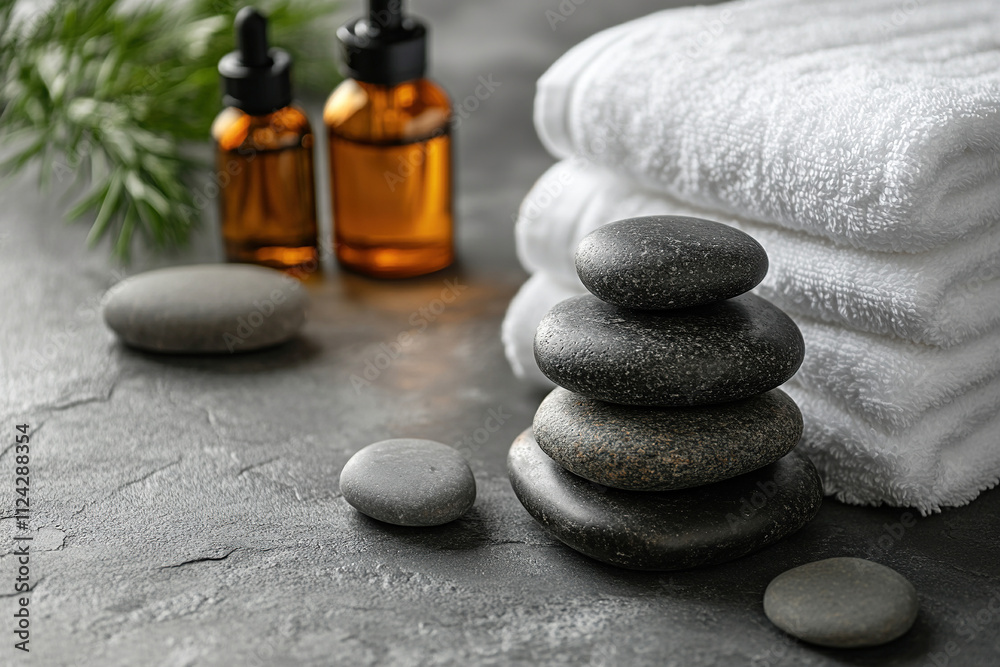 Black smooth massage stones next to terry towels and aroma oils. Spa body care concept. Black smooth massage stones next to terry towels and aroma oils. Spa body care concept.