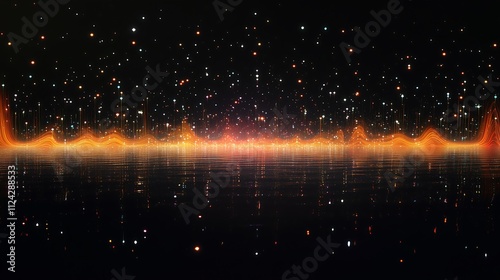 A glowing soundwave with tiny twinkling stars scattered above and reflection on water below it, plain black background