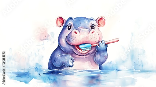 Watercolor painting cute baby hippopotamus trying to brush teeth, children book character, good habit illustration