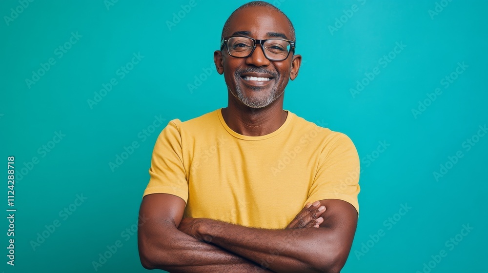 Obraz premium Smiling man standing arms crossed teal background portrait illustration.