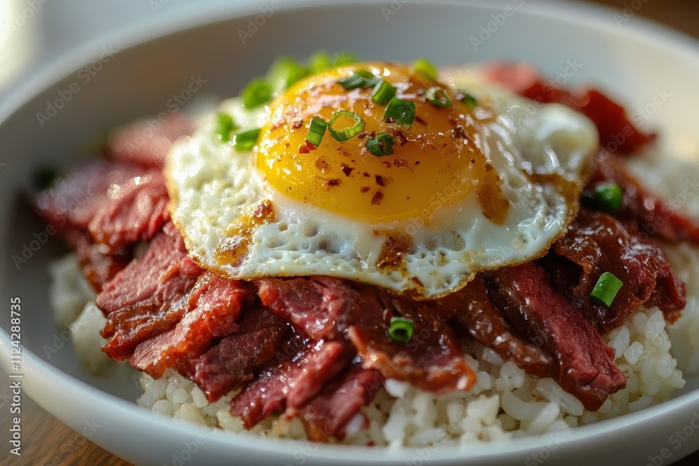 Tasty breakfast corned beef with egg over rice Tasty breakfast corned beef with egg over rice