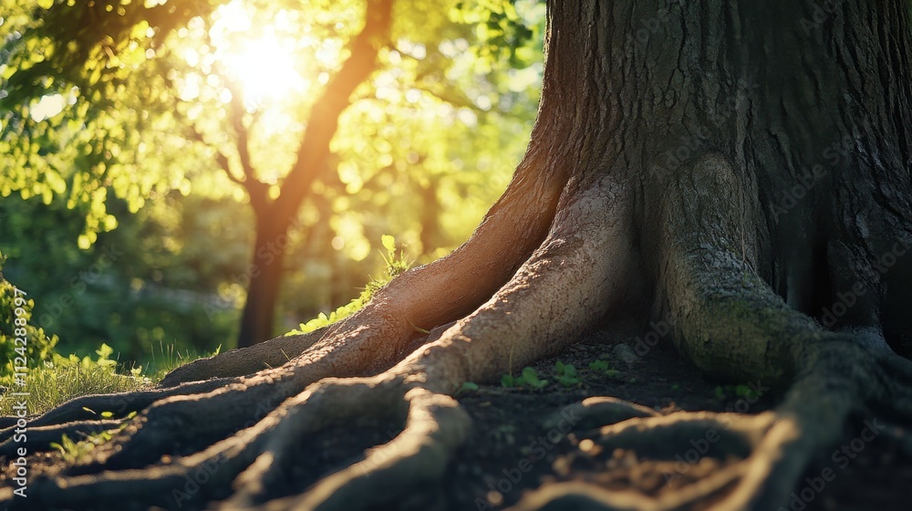 Serene Sunlight on Tree Roots in a Lush Forest Serene Sunlight on Tree Roots in a Lush Forest