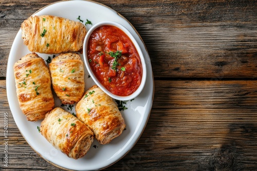 Tasty homemade sausage rolls on a white platter with tomato sauce on a rustic wooden table overhead view finger food English cuisine space for text photo