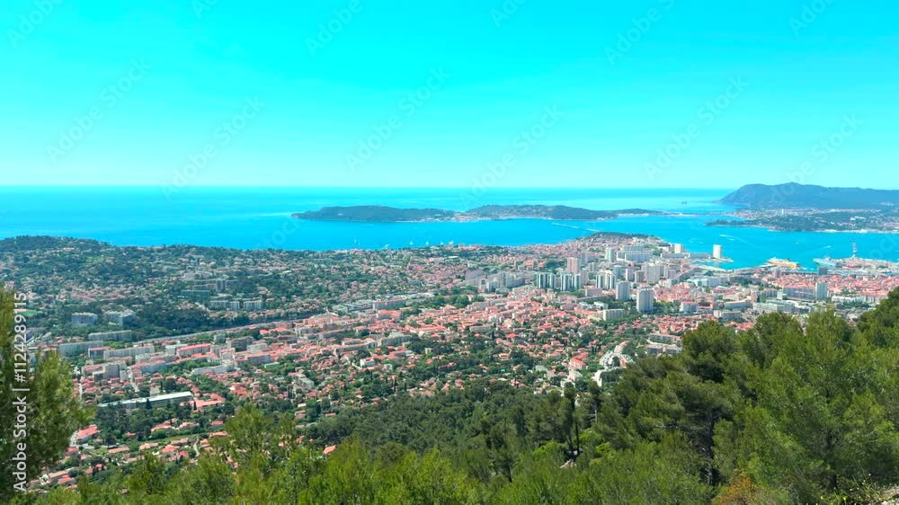 Panoramic View Of Downtown Toulon And Mediterranean Sea From Mount Faron In France. - pan shot Panoramic View Of Downtown Toulon And Mediterranean Sea From Mount Faron In France. - pan shot