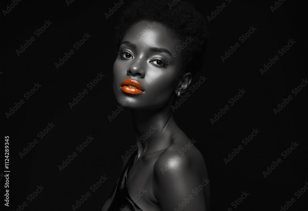Striking black-and-white portrait of a woman with vibrant orange lips Striking black-and-white portrait of a woman with vibrant orange lips