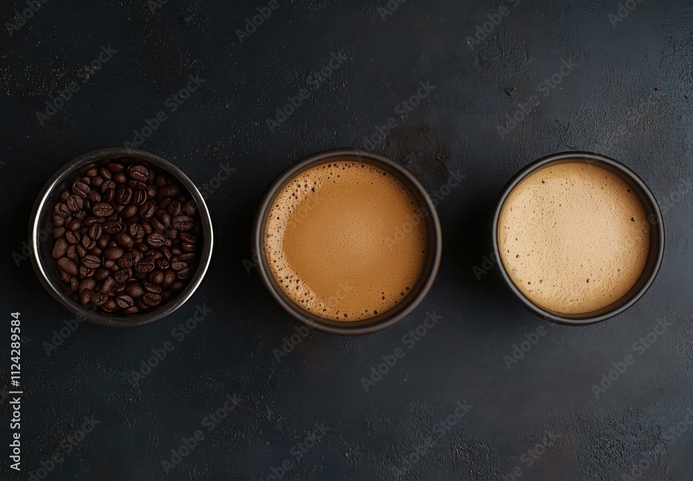 Atmospheric Coffee Composition Featuring Coffee Beans, Brewed Coffee, and Frothy Milk on a Dark Background, Ideal for Beverage and Culinary Images Atmospheric Coffee Composition Featuring Coffee Beans, Brewed Coffee, and Frothy Milk on a Dark Background, Ideal for Beverage and Culinary Images