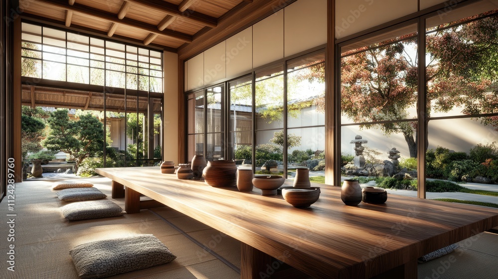 A serene Japanese meditation hall with a polished wooden floor
