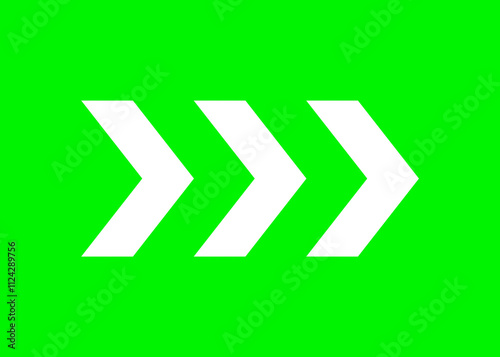 Simple white chevron arrows on vibrant green background point rightward in sequence, creating dynamic forward movement. Clean geometric design ideal for interface elements or directional indicators.
 photo