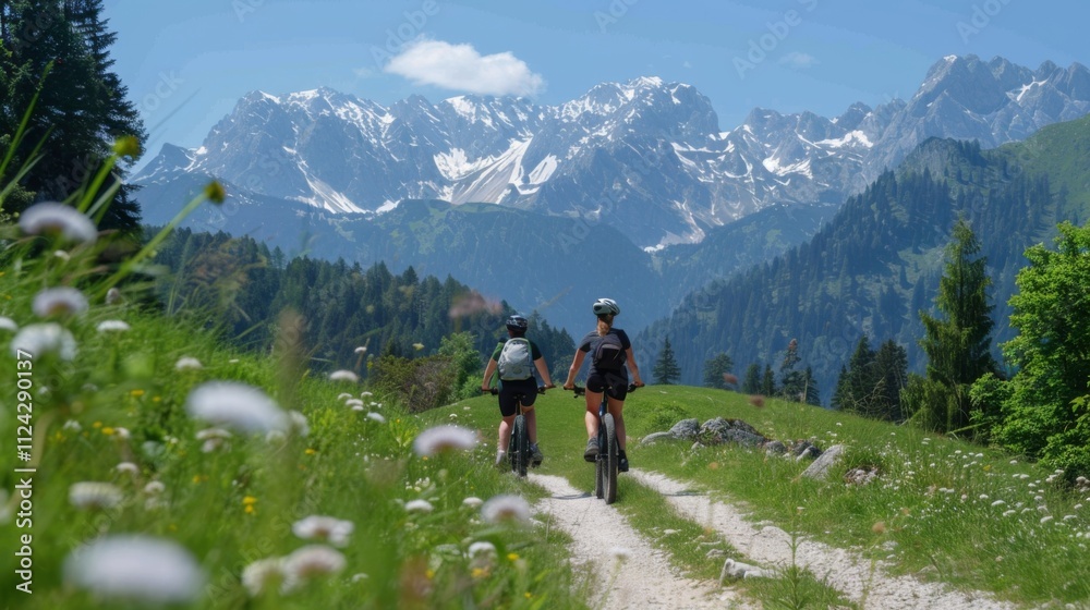 Bicycle hiking travel in the mountains illustration generated by ai Bicycle hiking travel in the mountains illustration generated by ai