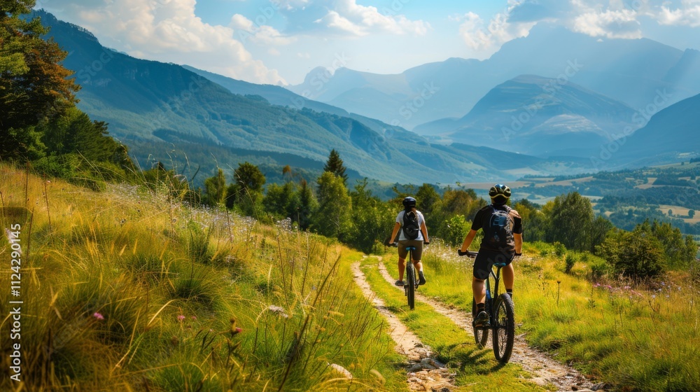 Bicycle hiking travel in the mountains illustration generated by ai