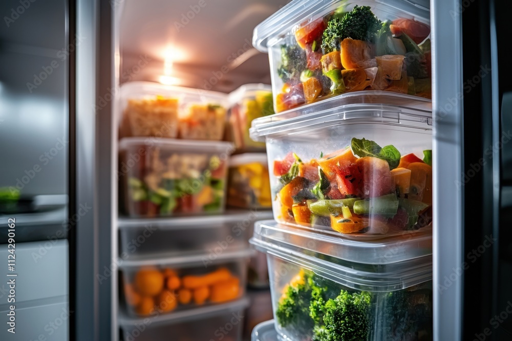 Meal prep containers organized in refrigerator fresh ingredients kitchen environment close-up view healthy eating concept for meal preparation Meal prep containers organized in refrigerator fresh ingredients kitchen environment close-up view healthy eating concept for meal preparation