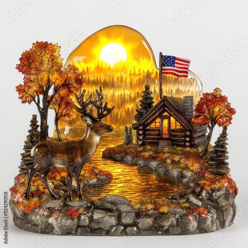 A detailed glass decoration of a deer, with a magnificent autumn landscape. The scene outside the decoration shows a cozy log cabin beside a serene lake surrounded by autumn maple trees with its falli photo