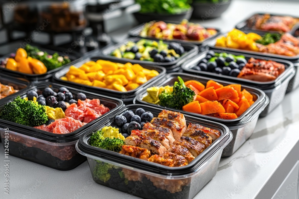 Meal prep containers organized on a kitchen counter healthy meals displayed in neat grid modern culinary environment healthy eating concept for meal prep enthusiasts Meal prep containers organized on a kitchen counter healthy meals displayed in neat grid modern culinary environment healthy eating concept for meal prep enthusiasts